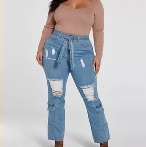 Fashion to Figure Cargo Distressed Belted Jeans
